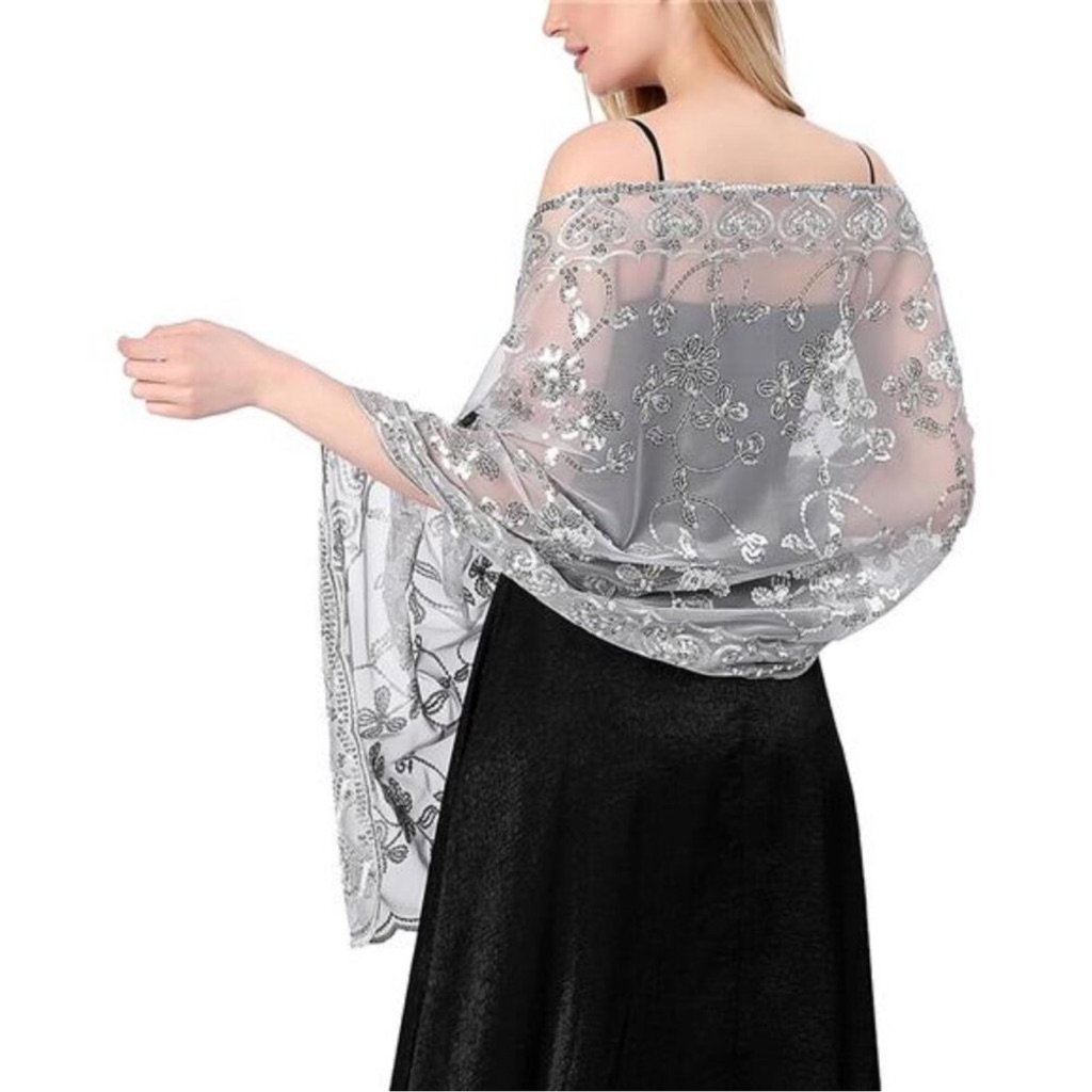 Sequin Floral Shawls Wraps Silver